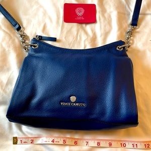 Vince Camuto blue leather crossbody with silver chain hardware, adjustable strap